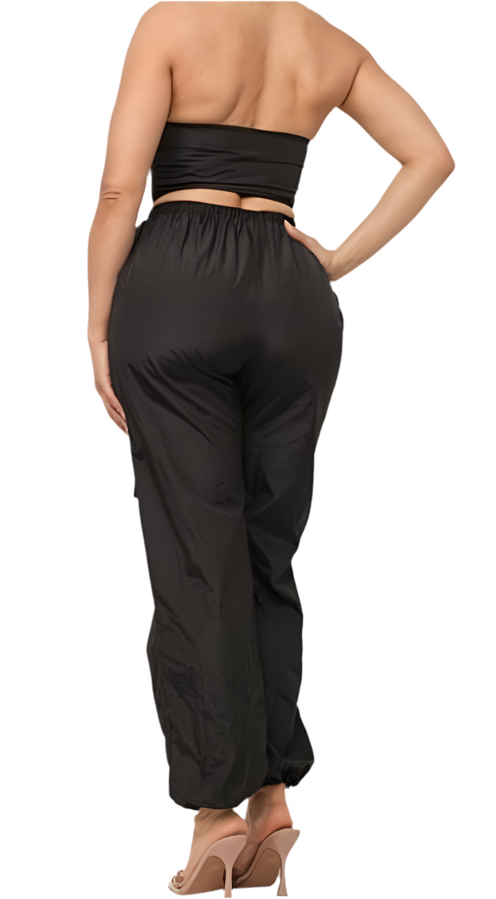 Two-piece jogger set with corset-style tube top in black color back