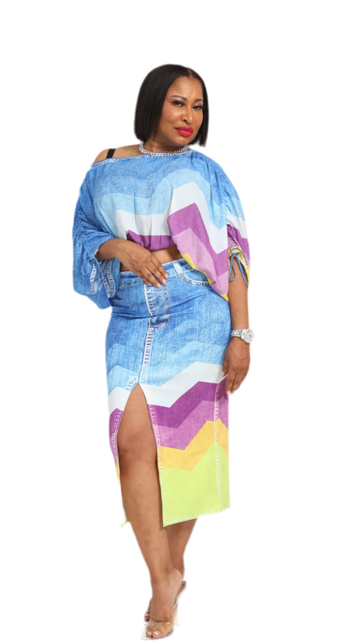 Chiffon denim print crop top with matching stretch skirt