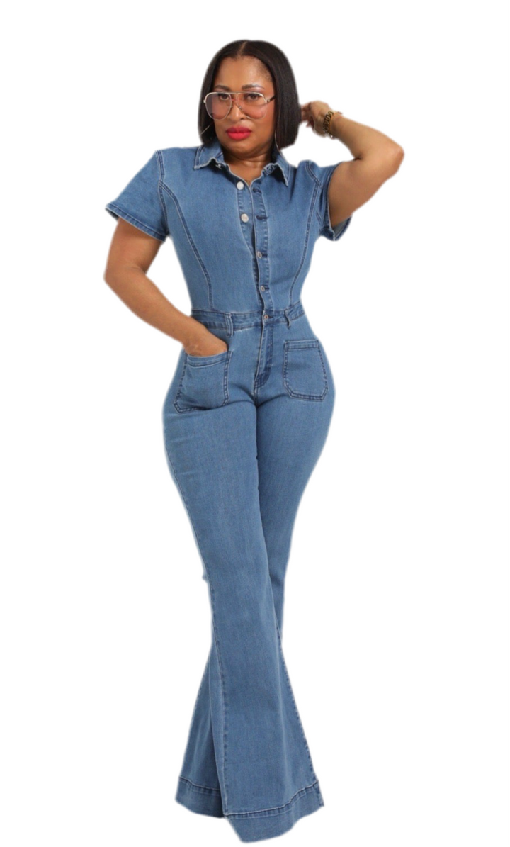 Bellbottom Denim Jumpsuit – Stretch Fit & Flare