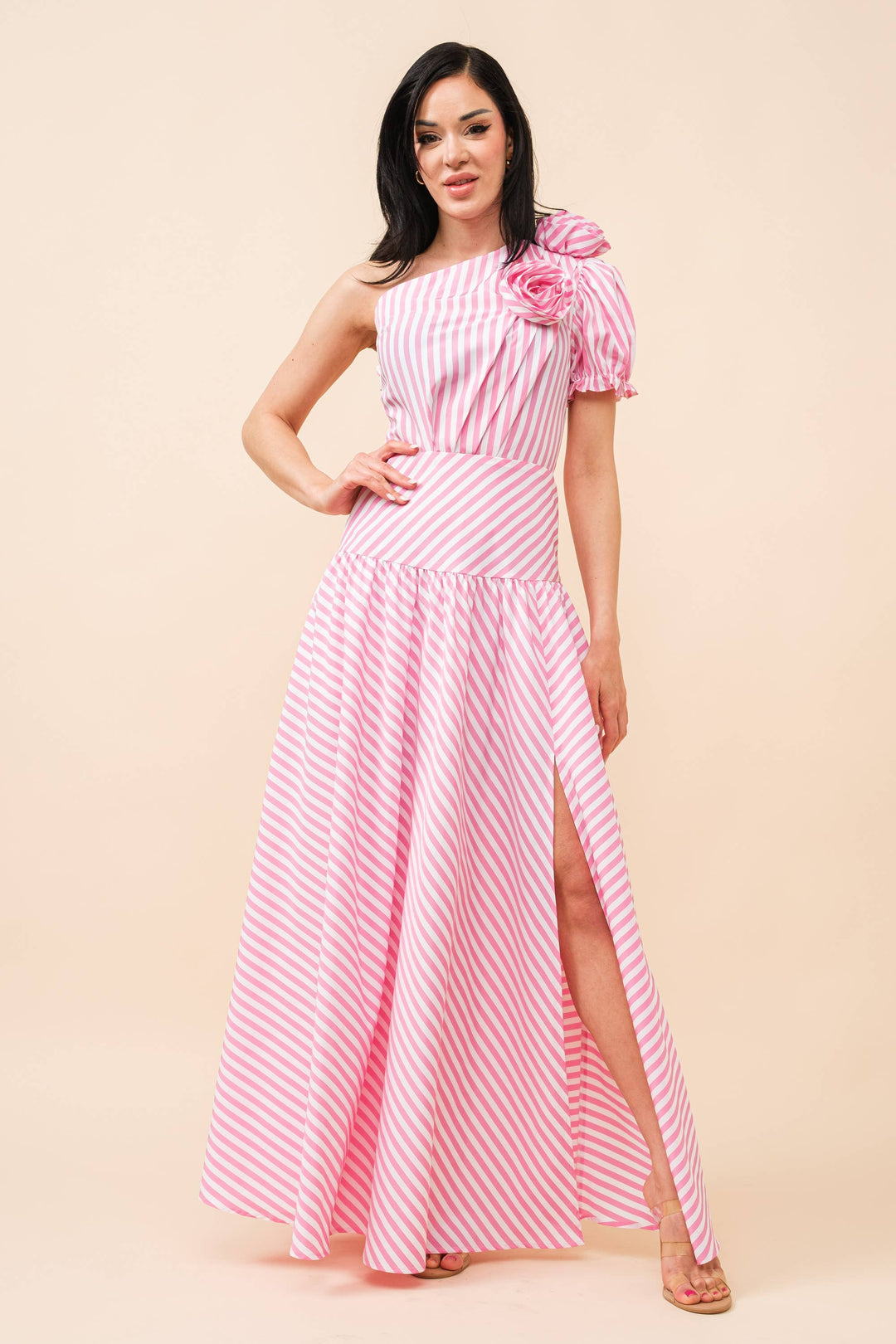 Stripe print one shoulder maxi dress