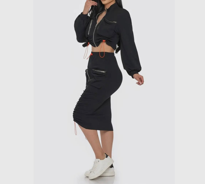 Drawstring Cargo Pocket Skirt Set 