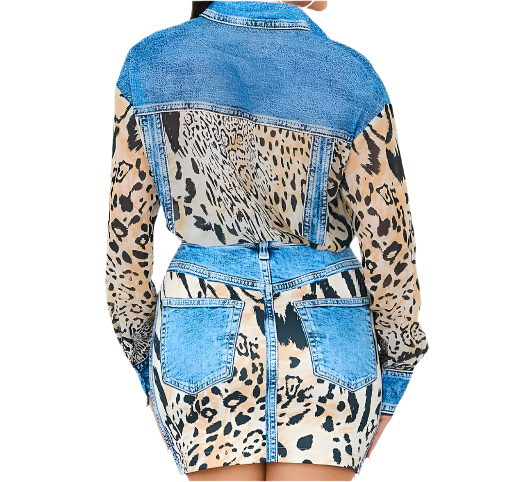 Denim Effect Leopard Skirt Set