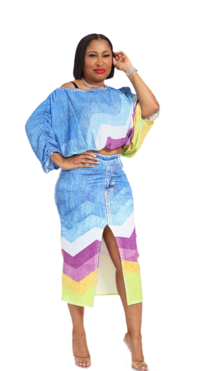 Denim Effect Cropped Blouse & Skirt Set