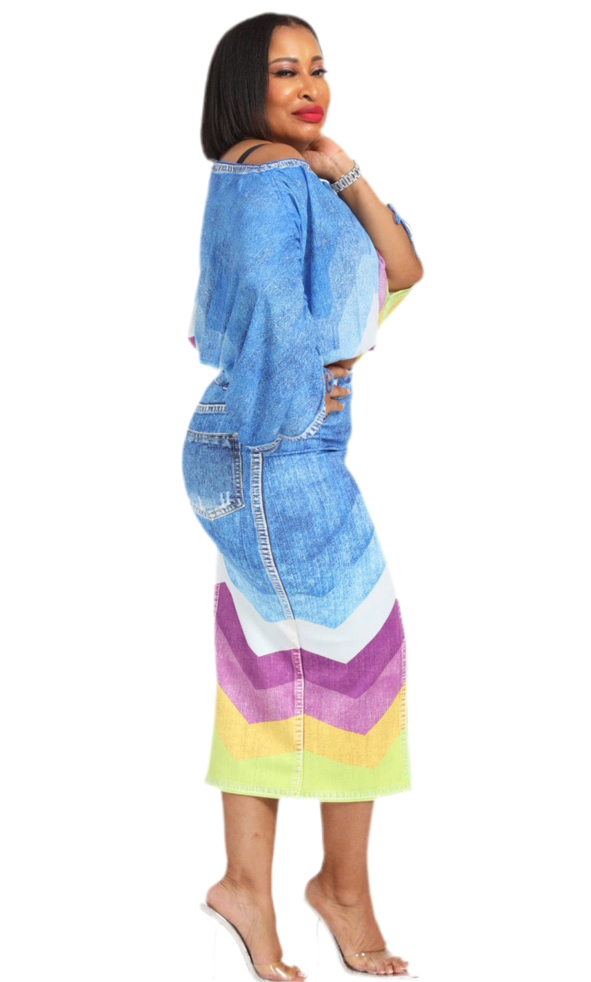 Chiffon denim print crop top with matching stretch skirt side view