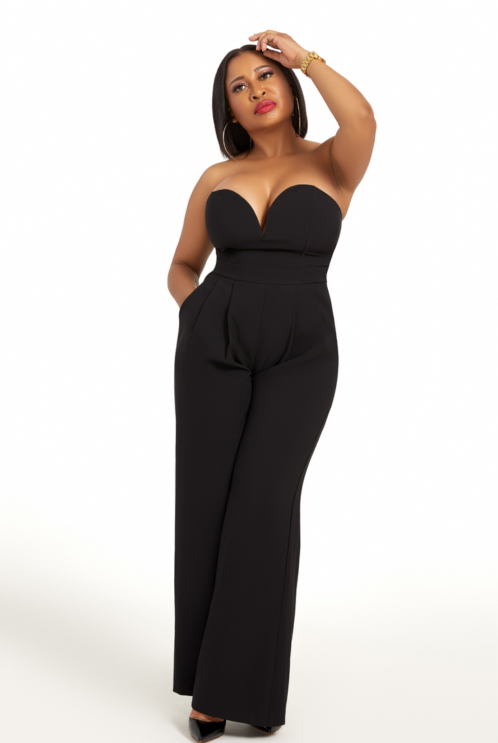 Strapless black wide-leg one-piece pantsuit for women