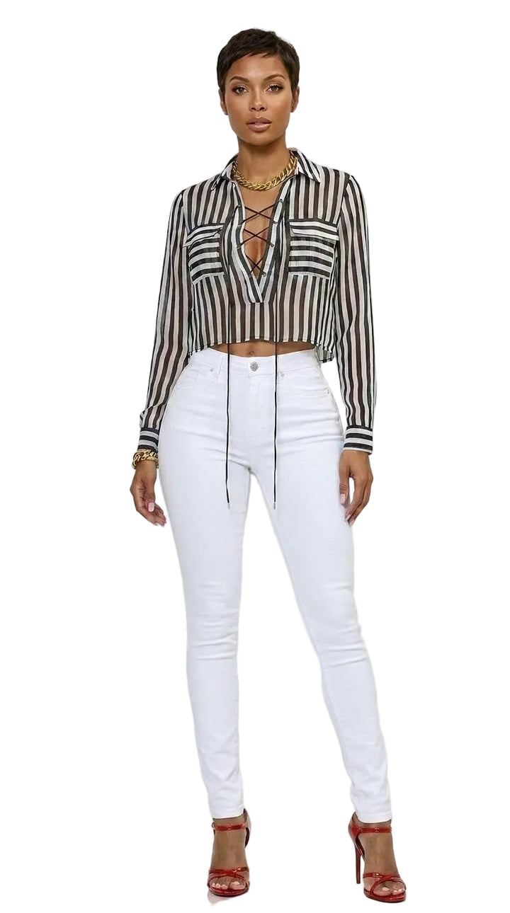 The Marlowe Top — Striped Chiffon Lace-Up Long Sleeve Crop Top