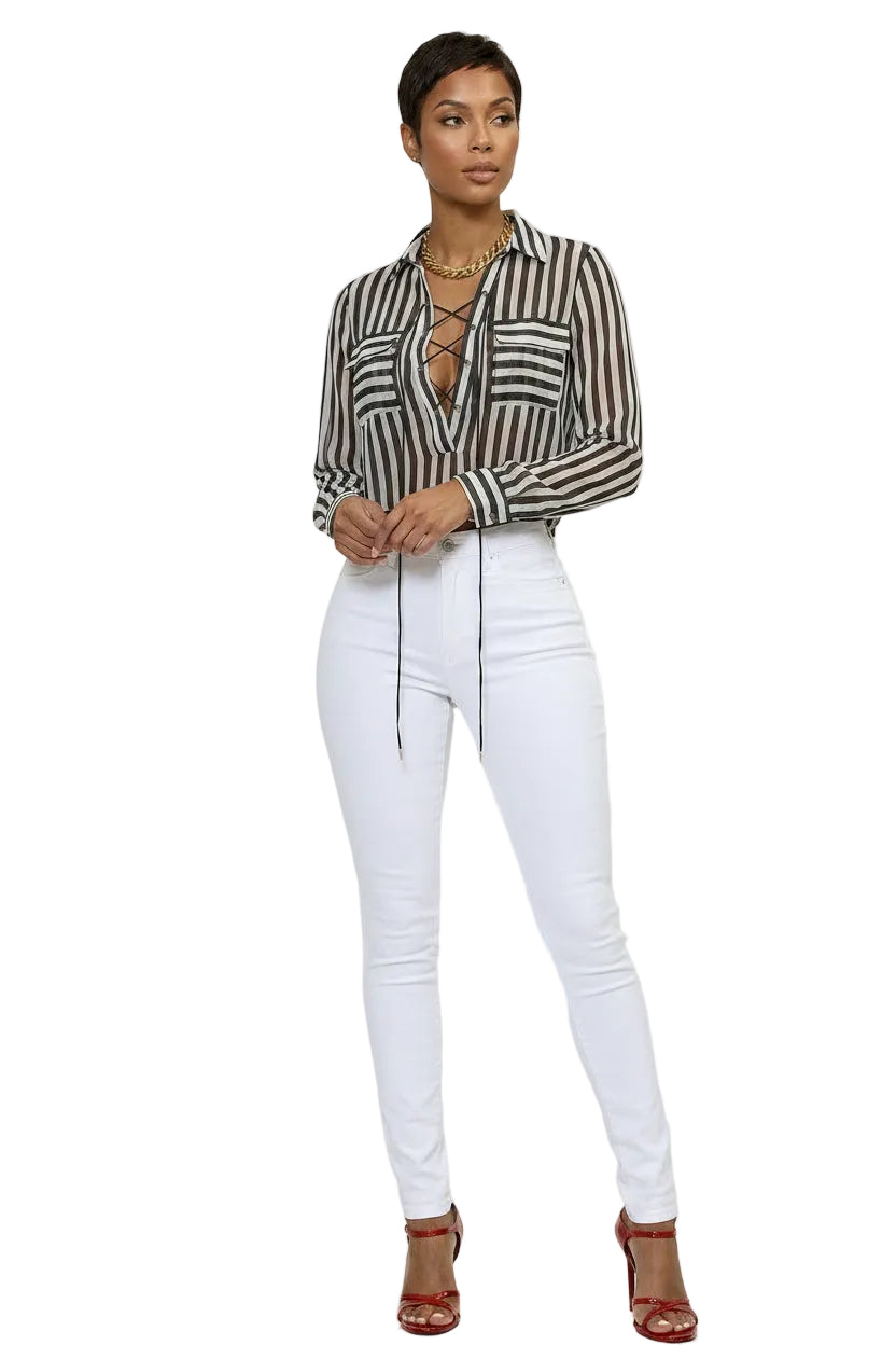 The Marlowe Top — Striped Chiffon Lace-Up Long Sleeve Crop Top