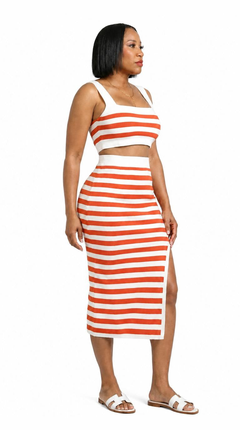 Valentina — Stripe Knit Crop Top & Midi Skirt Set