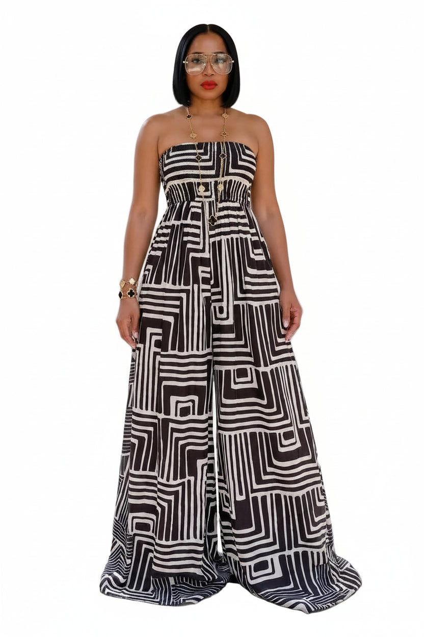 Vega Sister — Geometric Strapless Wide Leg Jumpsuit