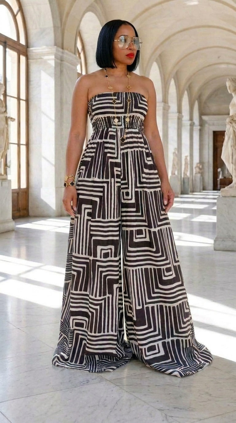 Vega Sister — Geometric Strapless Wide Leg Jumpsuit