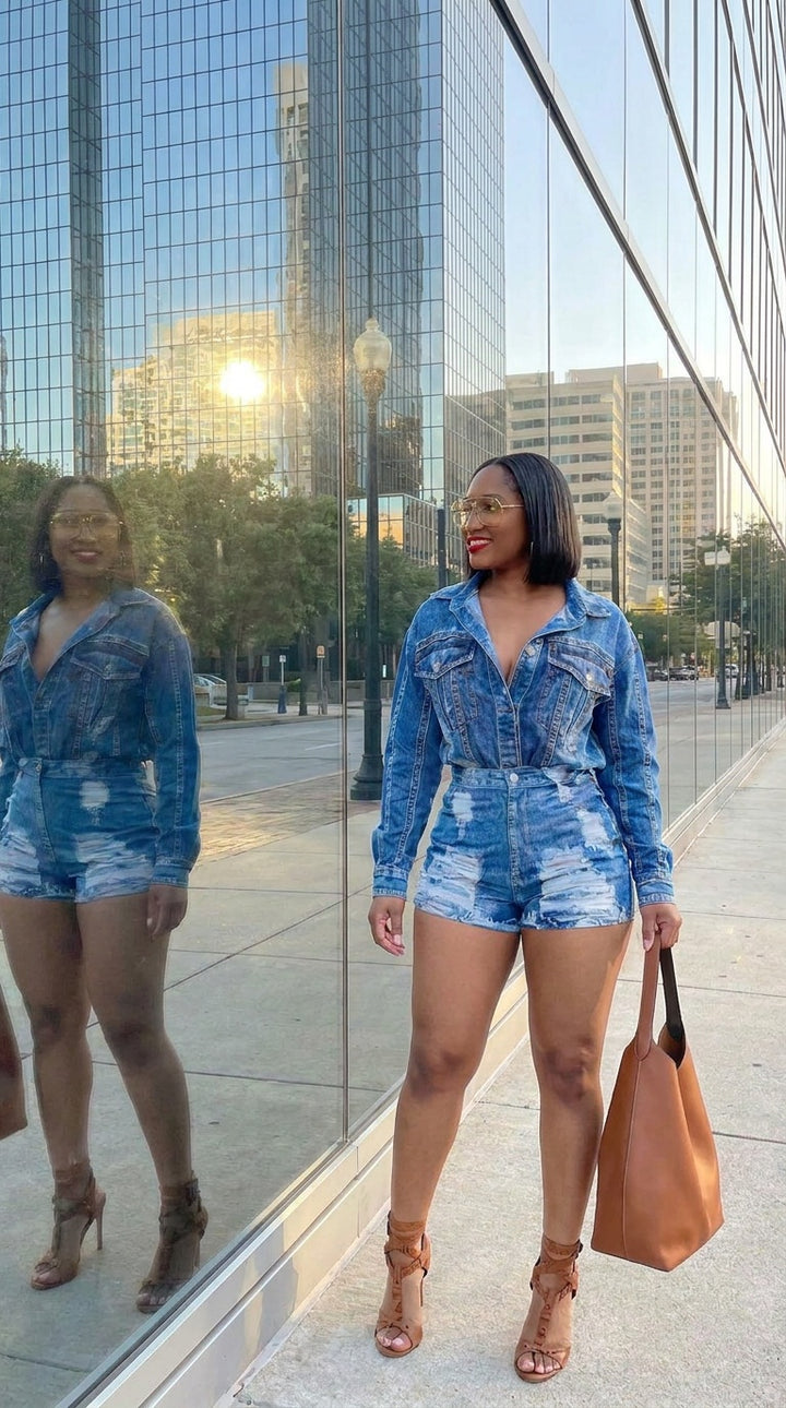 Just An Illusion — Denim Print Chiffon & Spandex Shorts Set