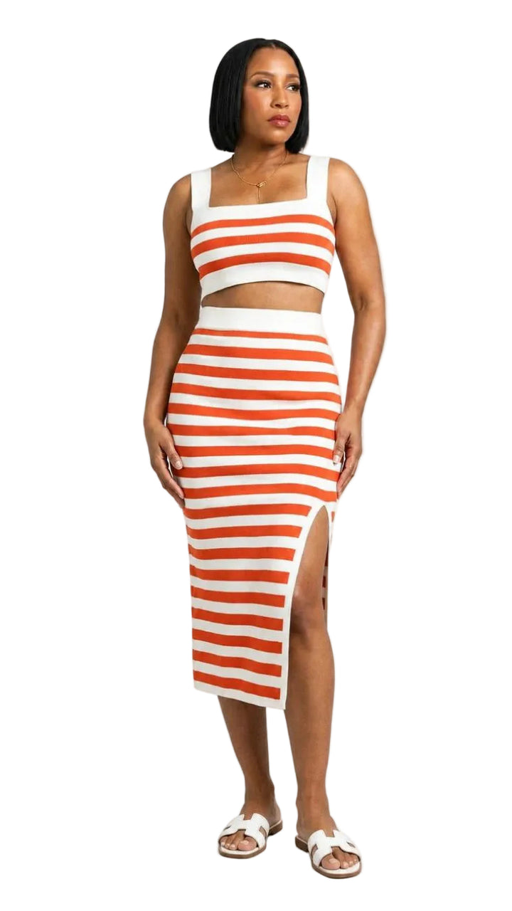 Valentina — Stripe Knit Crop Top & Midi Skirt Set