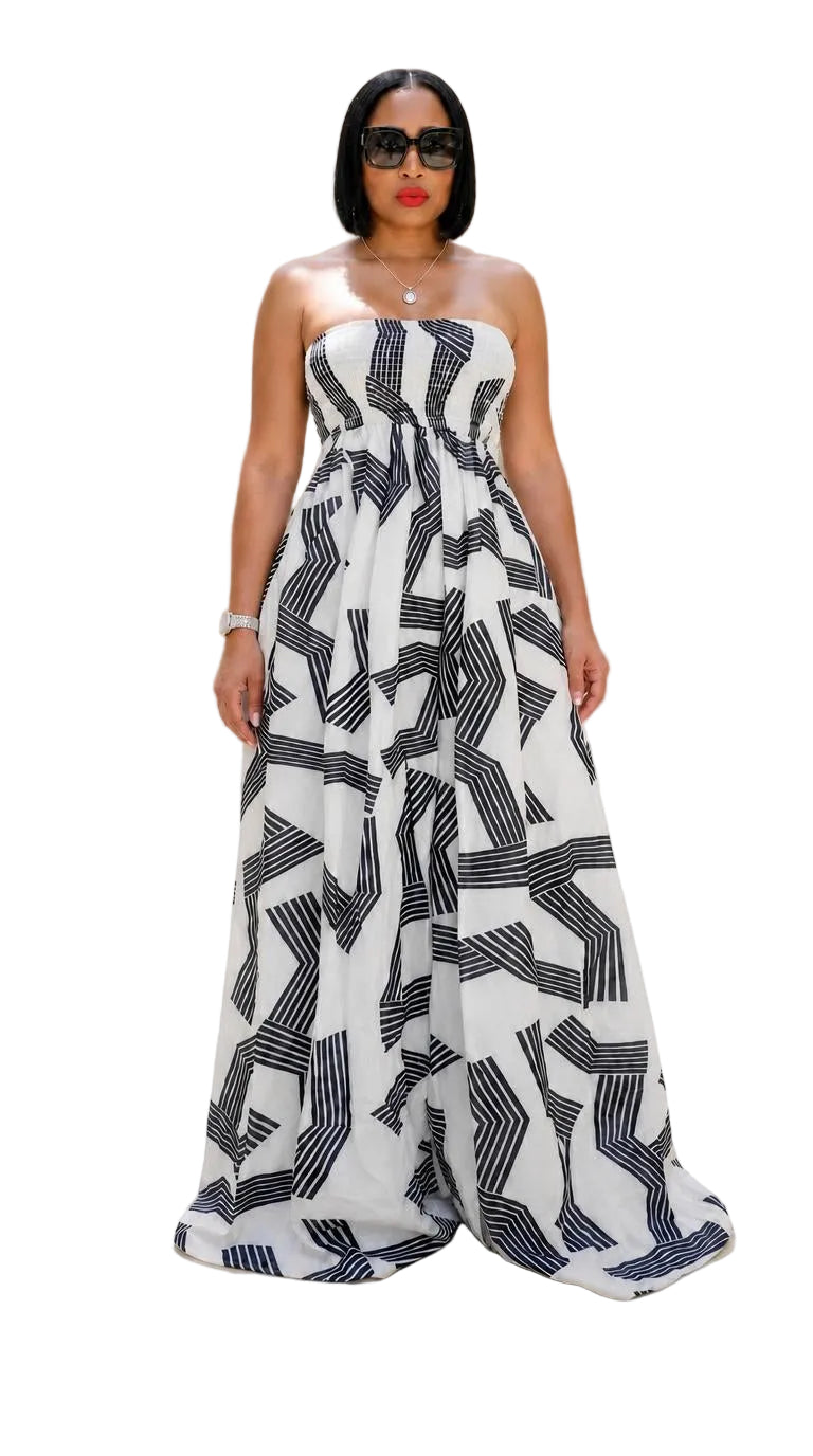 Vega — Geometric Strapless Wide Leg Jumpsuit