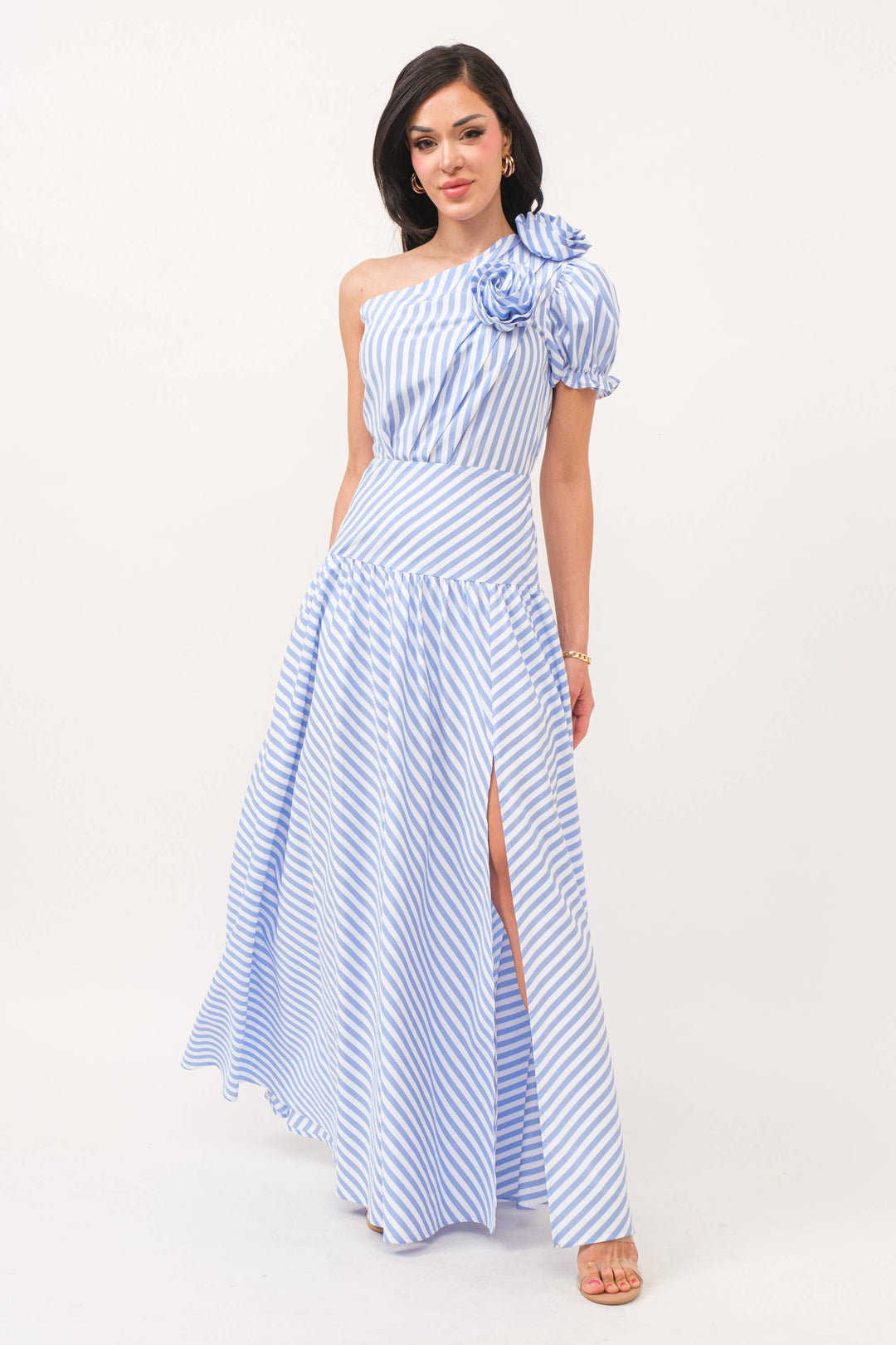 Stripe print one shoulder maxi dress