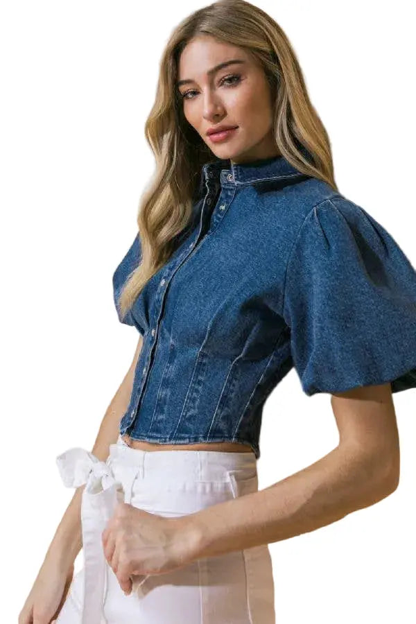 Billie — Denim Fitted Crop Blouse FLYING TOMATO
