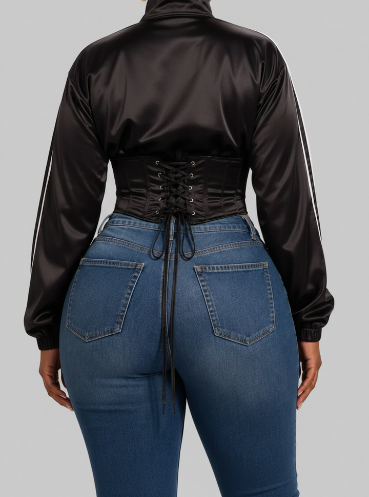 The MVP Jacket — Satin Side-Stripe Zip-Up Jacket & Detachable Corset