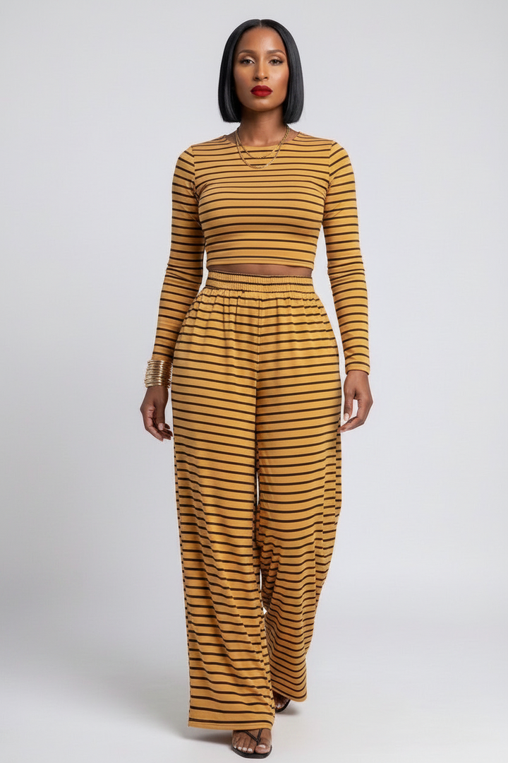 The Fall Honey Set — mustard and black striped knit two-piece with fitted long sleeve crop top and high-waist wide leg pants