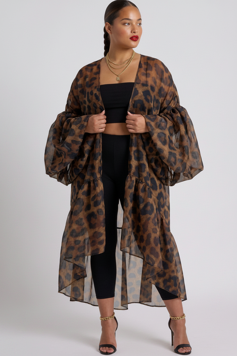 The Lover Gurl Kimono — sheer leopard print organza open-front duster with dramatic bubble puff sleeves and asymmetric ruffle hem
