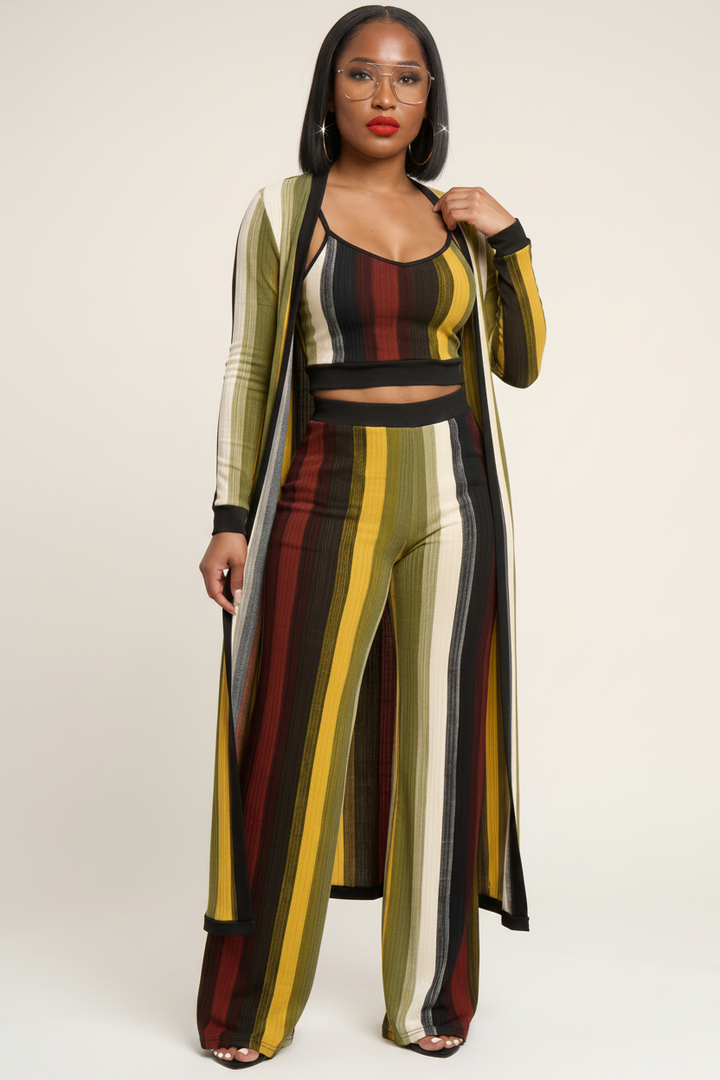 The Krishna Set — multi-color striped knit three-piece with long duster cardigan, spaghetti-strap crop top and high-waist palazzo pants