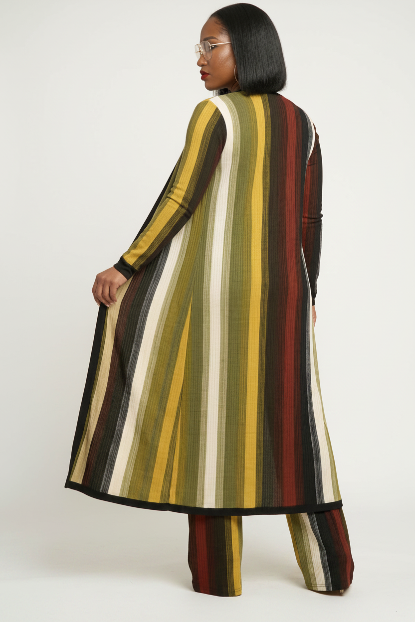 The Krishna Set — multi-color striped knit three-piece with long duster cardigan, spaghetti-strap crop top and high-waist palazzo pants