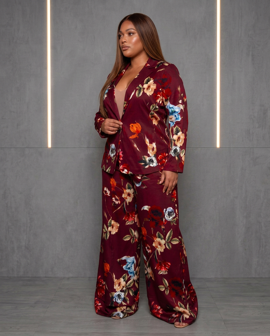 The Bordeaux Set — burgundy floral two-piece with tailored notched-lapel blazer and matching high-waist wide leg pants