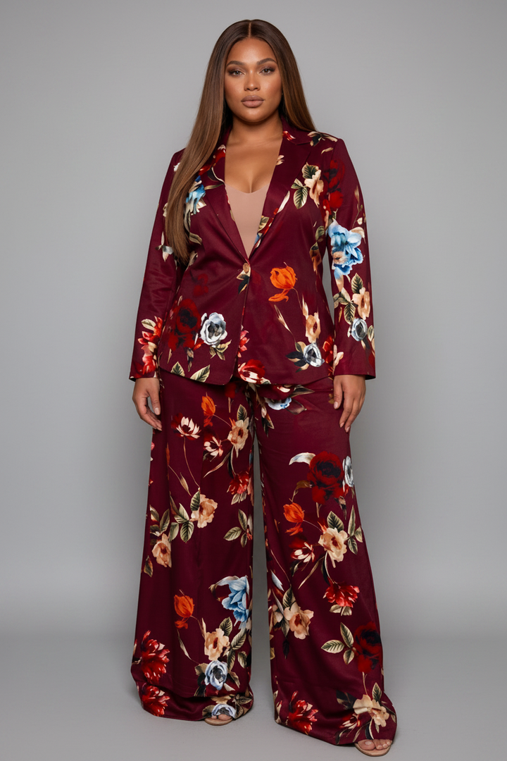 The Bordeaux Set — burgundy floral two-piece with tailored notched-lapel blazer and matching high-waist wide leg pants