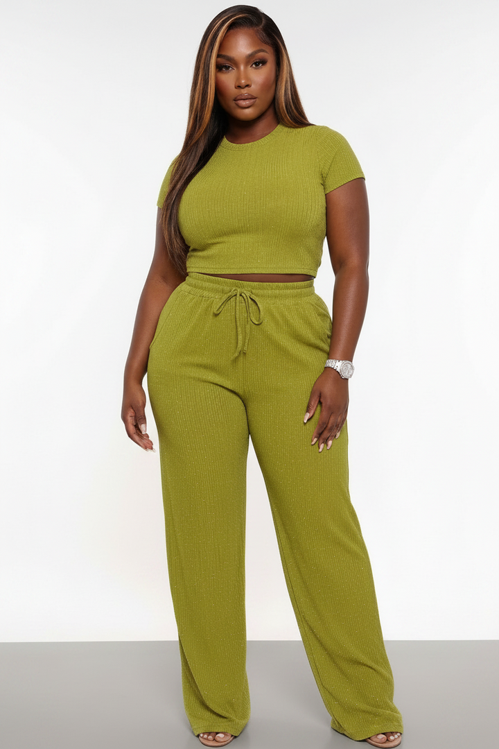 The Darling Nicki Set — olive green ribbed knit two-piece with short-sleeve crop top and high-waist wide leg drawstring pants with stone shimmer detail