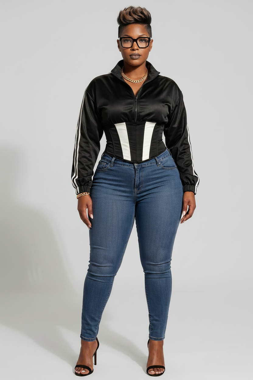 The MVP Jacket — Satin Side-Stripe Zip-Up Jacket & Detachable Corset