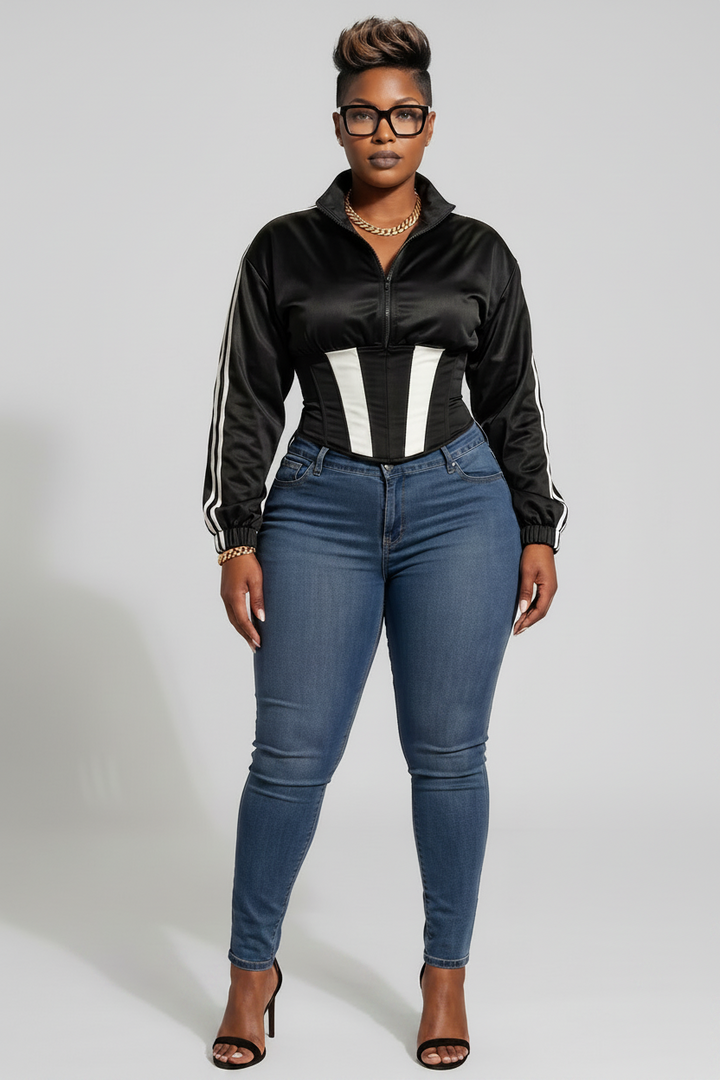 The MVP Jacket — Satin Side-Stripe Zip-Up Jacket & Detachable Corset