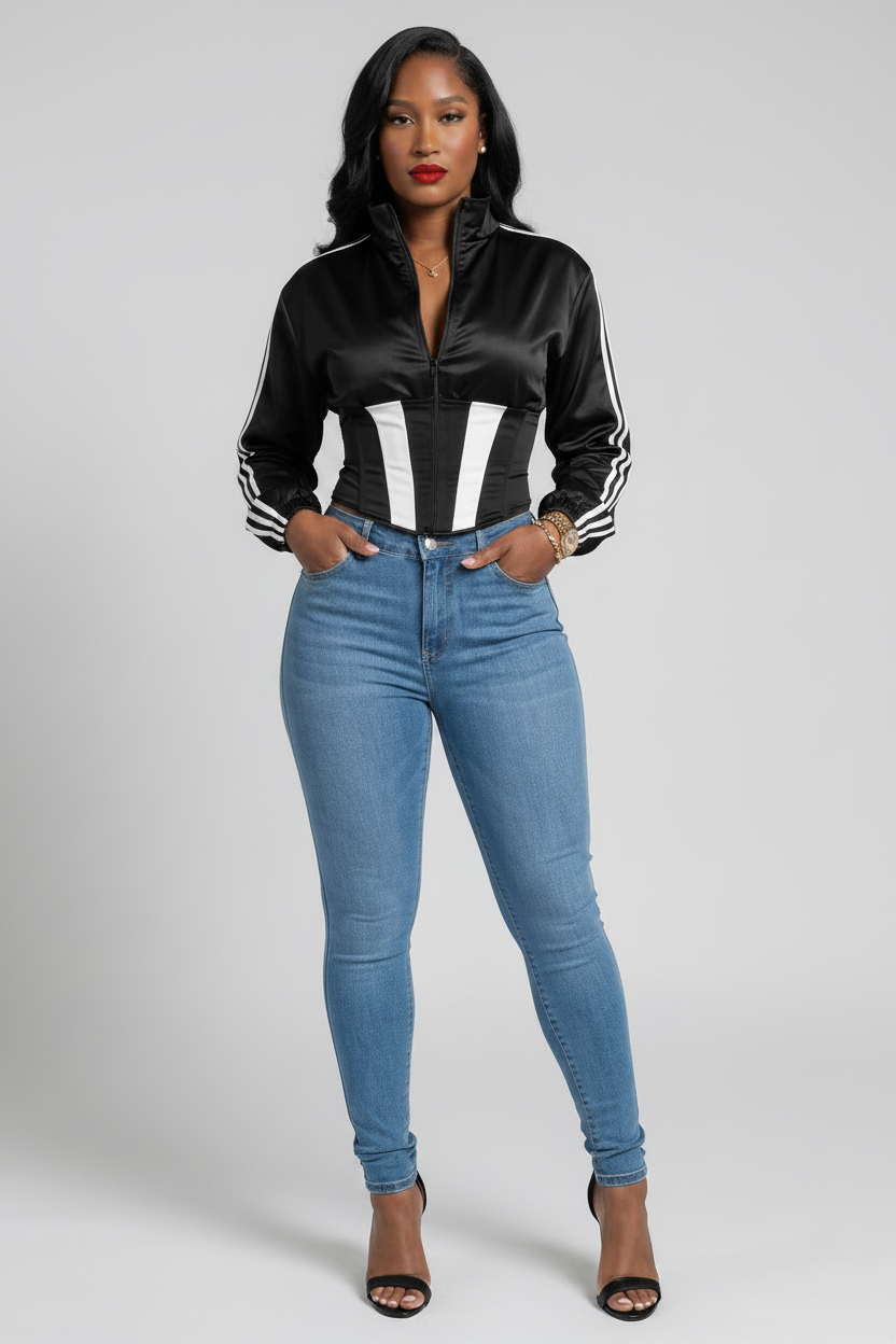 The MVP Set — black satin side-stripe zip-up cropped jacket with matching detachable lace-up corset for a sporty two-piece statement look