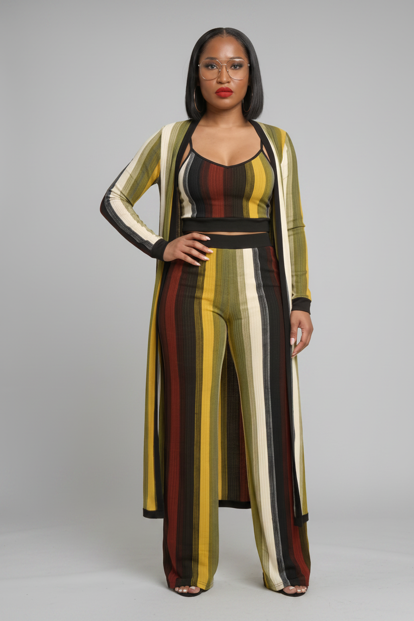 The Krishna Set — multi-color striped knit three-piece with long duster cardigan, spaghetti-strap crop top and high-waist palazzo pants