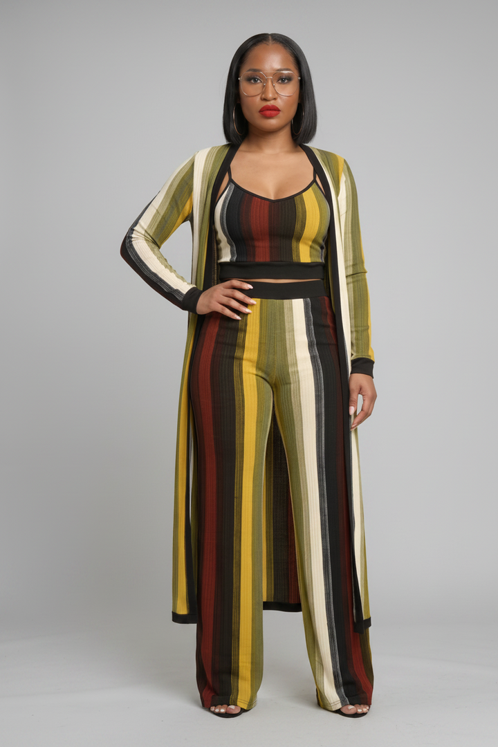 The Krishna Set — multi-color striped knit three-piece with long duster cardigan, spaghetti-strap crop top and high-waist palazzo pants