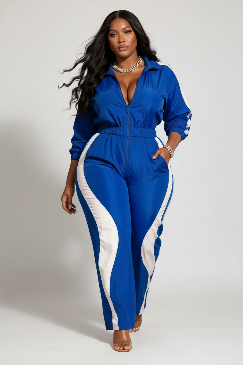 The Fast Lane Set — cobalt blue and white contrast two-piece with zip-up crop track jacket and high-waist track pants