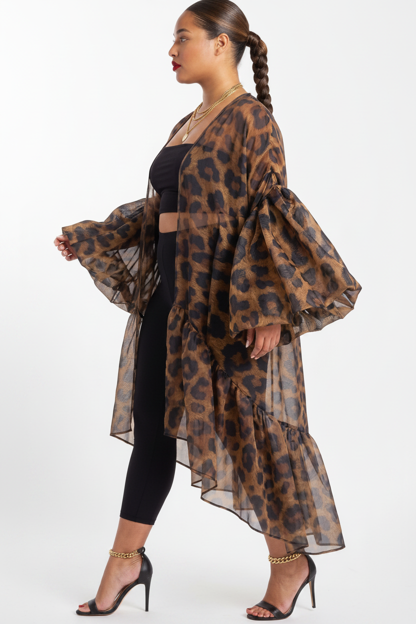 The Lover Gurl Kimono — sheer leopard print organza open-front duster with dramatic bubble puff sleeves and asymmetric ruffle hem
