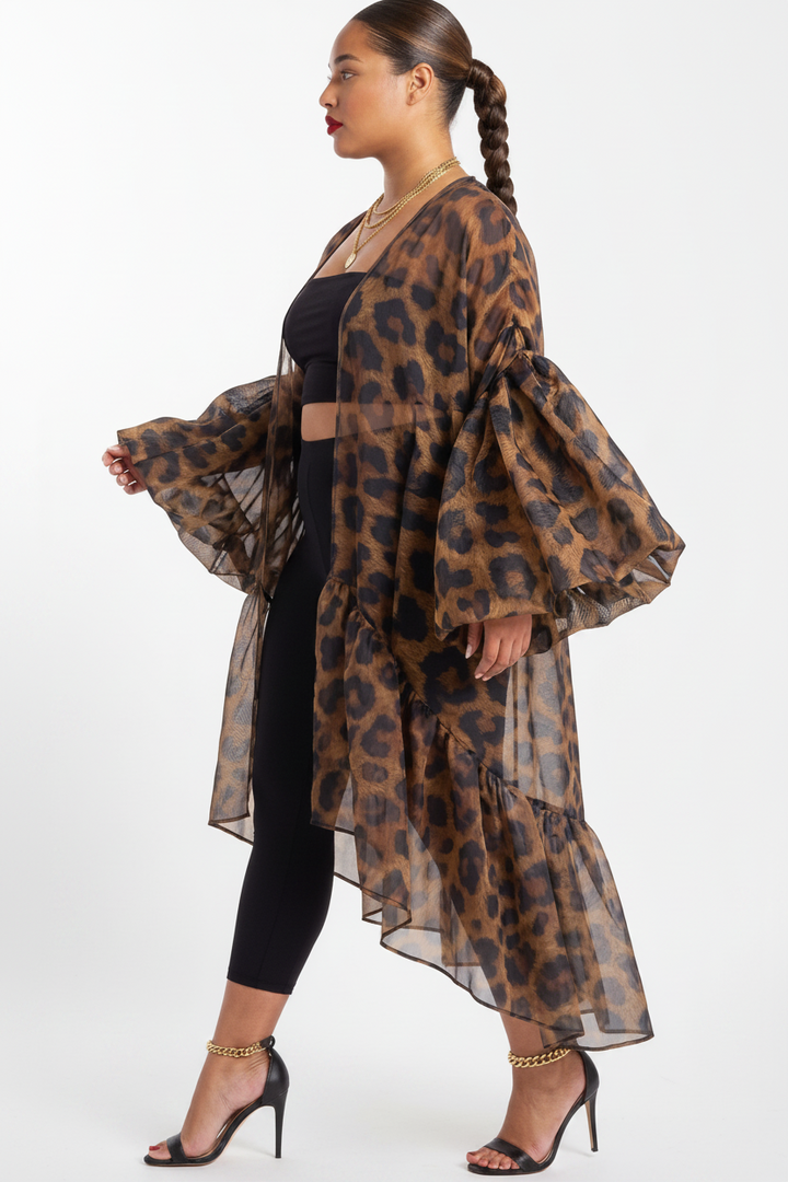 The Lover Gurl Kimono — sheer leopard print organza open-front duster with dramatic bubble puff sleeves and asymmetric ruffle hem