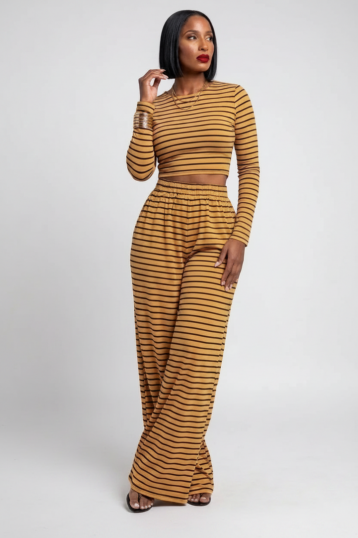The Fall Honey Set — mustard and black striped knit two-piece with fitted long sleeve crop top and high-waist wide leg pants