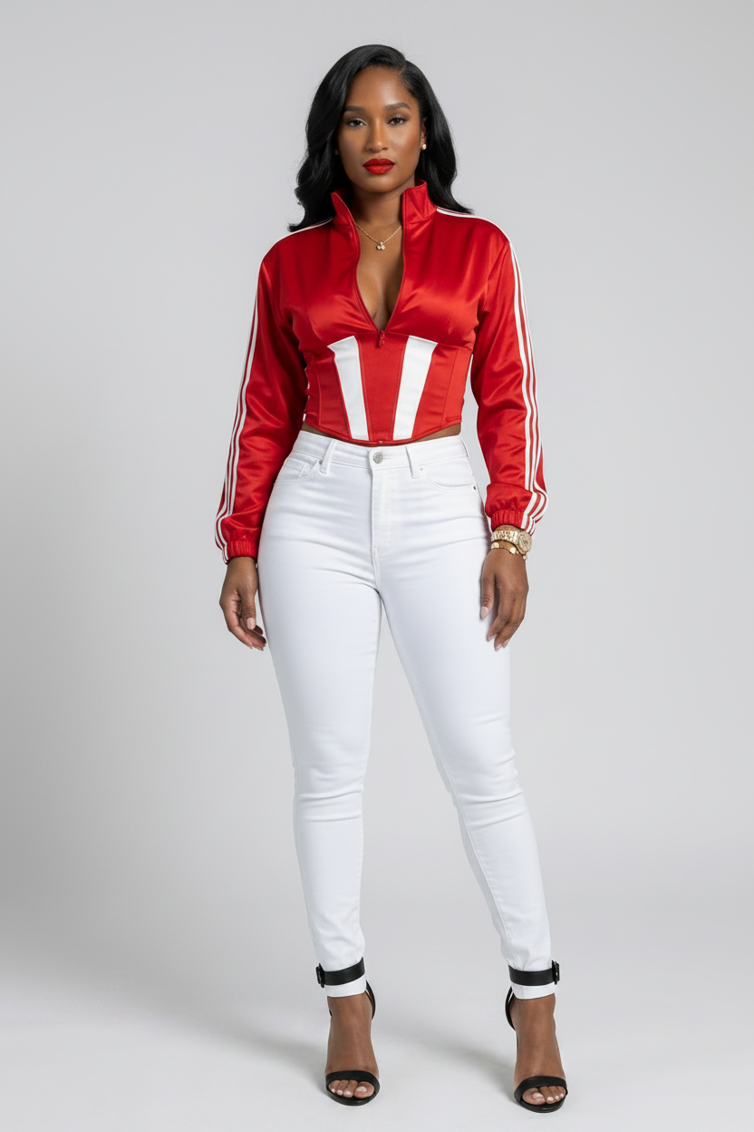 The MVP Set — red satin side-stripe zip-up cropped jacket with matching detachable lace-up corset for a sporty two-piece statement look