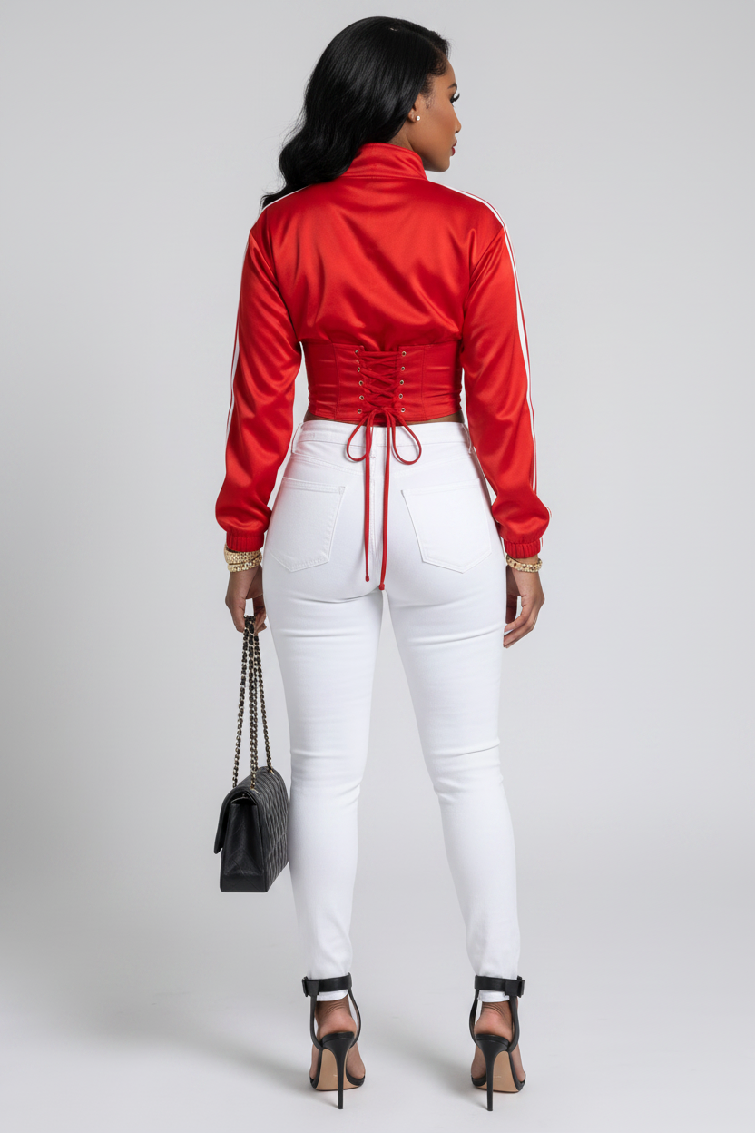 The MVP Set — red satin side-stripe zip-up cropped jacket with matching detachable lace-up corset for a sporty two-piece statement look