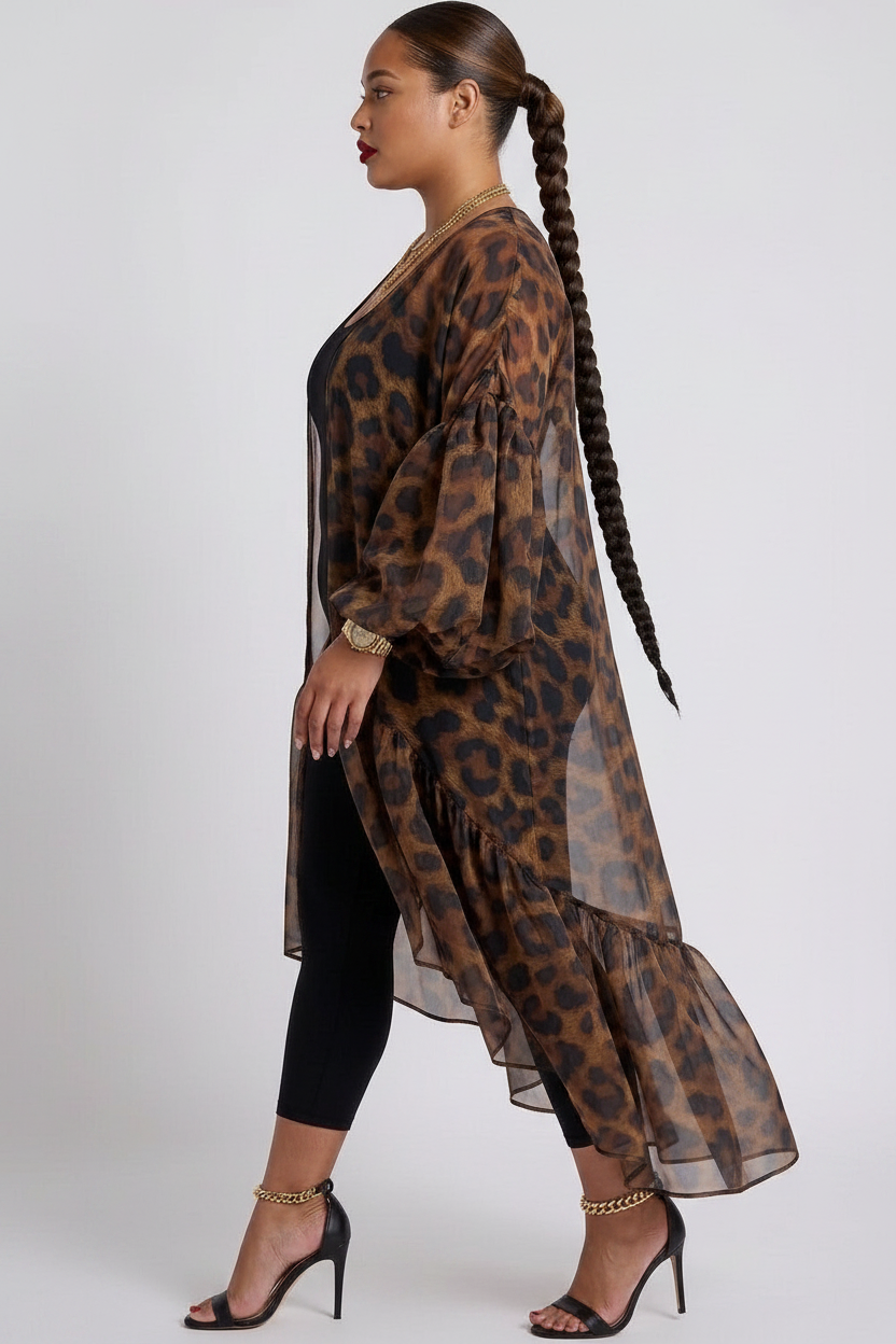 The Lover Gurl Kimono — sheer leopard print organza open-front duster with dramatic bubble puff sleeves and asymmetric ruffle hem