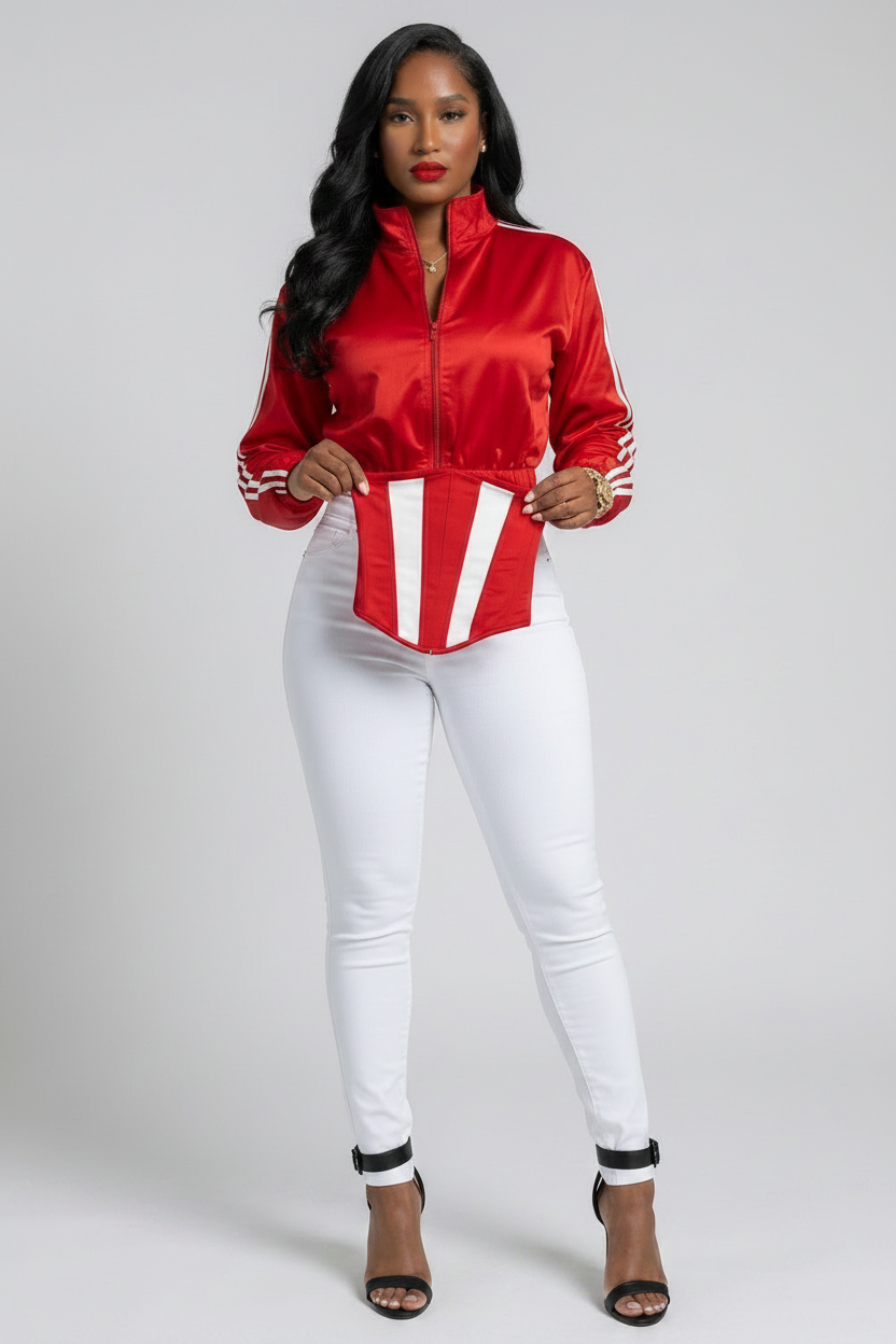 The MVP Set — red satin side-stripe zip-up cropped jacket with matching detachable lace-up corset for a sporty two-piece statement look