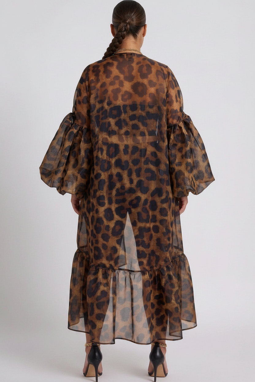 The Lover Gurl Kimono — sheer leopard print organza open-front duster with dramatic bubble puff sleeves and asymmetric ruffle hem