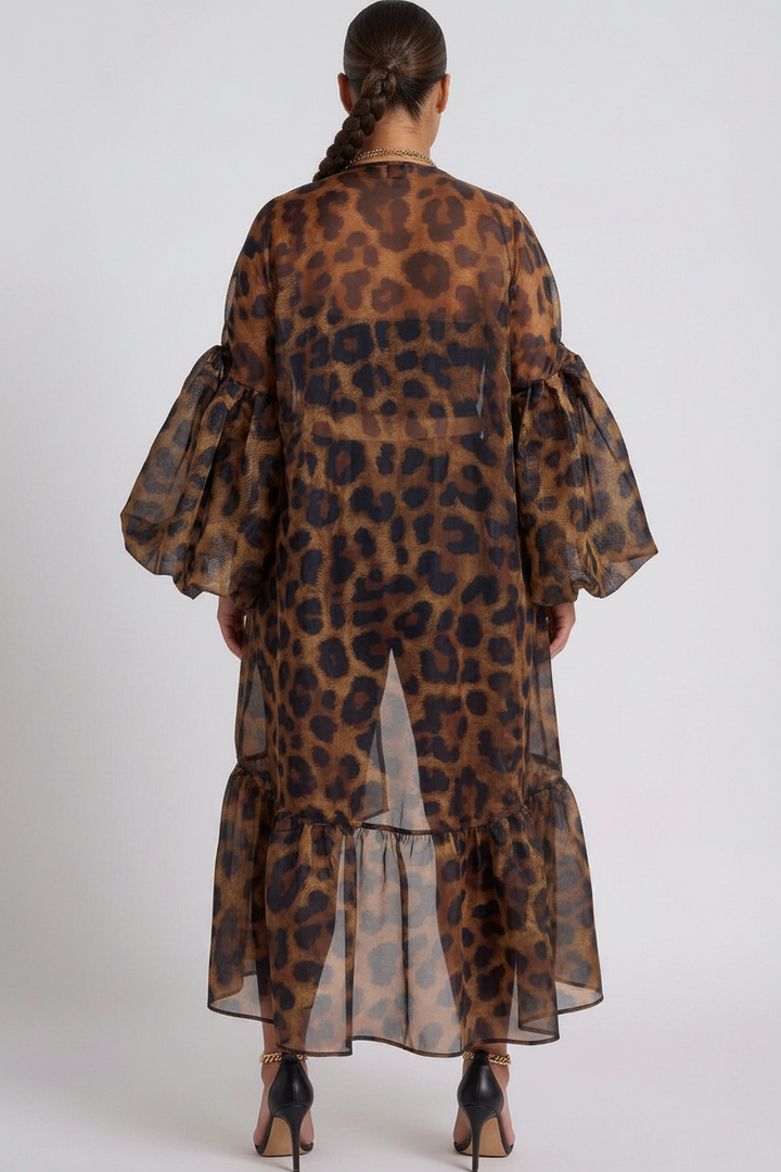The Lover Gurl Kimono — sheer leopard print organza open-front duster with dramatic bubble puff sleeves and asymmetric ruffle hem