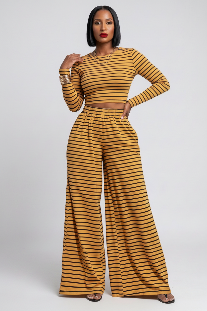 The Fall Honey Set — mustard and black striped knit two-piece with fitted long sleeve crop top and high-waist wide leg pants