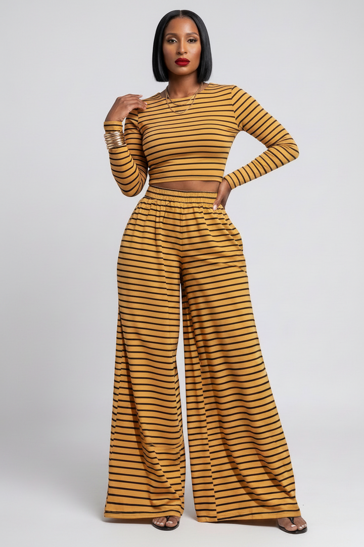 The Fall Honey Set — mustard and black striped knit two-piece with fitted long sleeve crop top and high-waist wide leg pants